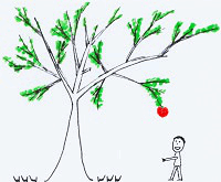 For help, two smiling people take the word ZSAM.org as a platform, close to a big tree, so one can pick a big juicy red apple, formed like a heart, to gives it to the other person.